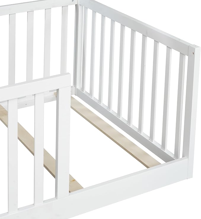 Bellemave Twin Size Montessori Floor Bed with 21.5" High Rails, Rubber Wood Twin Floor Bed with Slats, White