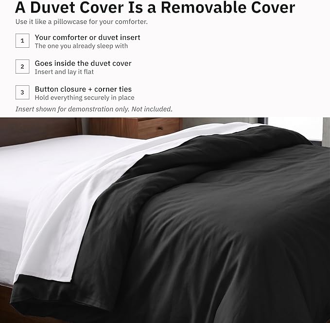 Duvet Cover Twin/Twin XL Size Only - Premium 400 Thread Count, Natural 100% Cotton Duvet Cover, Soft Sateen Weave, Button Closure and Corner Ties - Black