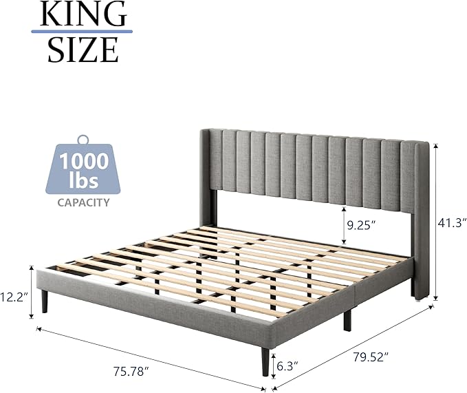 Gruwans King Size Bed Frame with Wingback Headboard, Upholstered Platform Bed, No Box Spring Needed, Sturdy Wooden Slat Support, Easy Assembly, Light Gray
