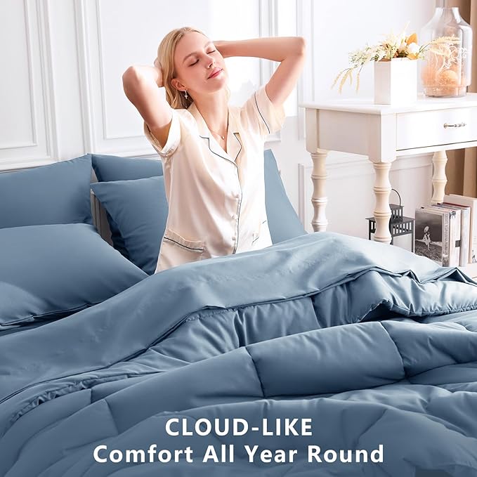 CozyLux California King Comforter Sets Dusty Blue, 7 Pieces Cal King Bed in a Bag, All Season Bedding Sets with Stitch Quilted Comforter, Flat Sheet, Fitted Sheet, Pillowcases