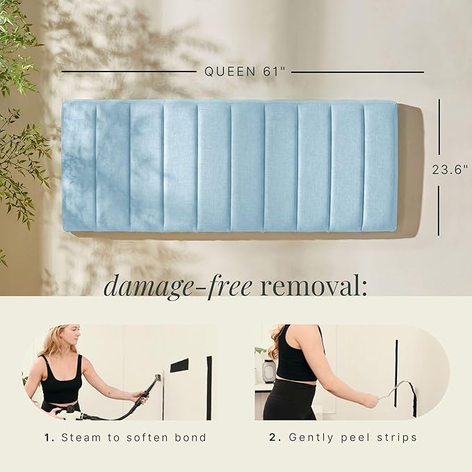 Upholstered Queen Headboard - Easy Assemble Channel Stitched Headboard Queen Size - Wall Mounted Headboards with 3D Soundproof Wall Panels Peel & Stick Floating Headboards, 08-Ice Blue