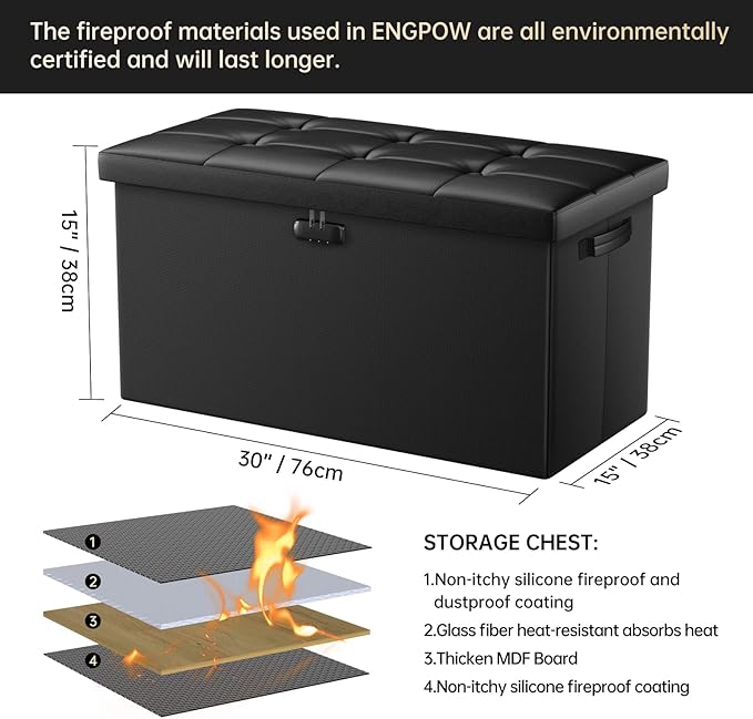 ENGPOW Storage Ottoman Bench,Fireproof Folding Bench with Lock,30 Inches Fire＆Water Resistant Storage Chest Foot Rest Stool Leather Bedroom Bench with Storage Safe for Document,Valuables,Black