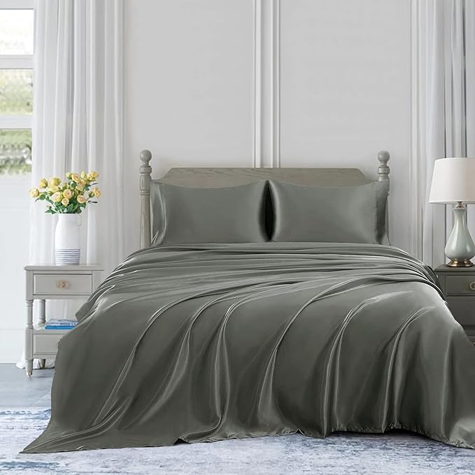 Homiest 4pcs Satin Sheets Set Luxury Silky Satin Bedding Set with Deep Pocket, 1 Fitted Sheet + 1 Flat Sheet + 2 Pillowcases (King Size, Dark Grey)