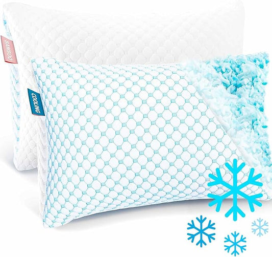 Nestl Cooling Pillow for Sleeping 2 Pack, Luxury Shredded Memory Foam Pillows Queen Size Set of 2, Adjustable Cold Gel Pillows for Hot Sleepers Supportive Cool Pillow for Side Back Stomach Sleepers