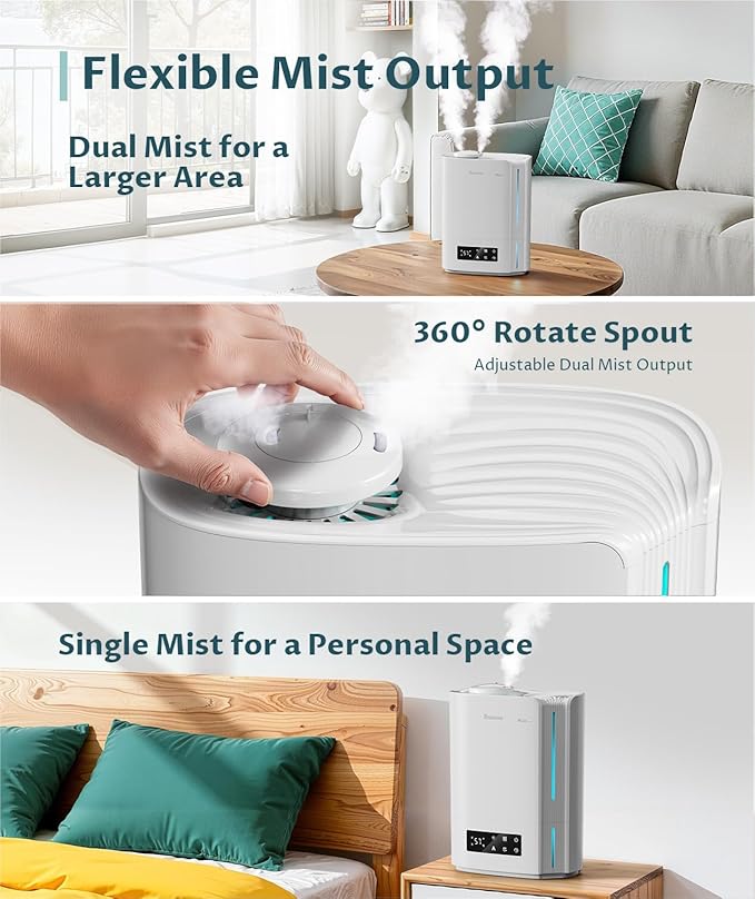 BREEZOME 6L Humidifiers for Bedroom Large Room & Essential Oil Diffuser, Ultrasonic Top Fill Cool Mist Humidifiers for Baby, Plants, Nursery Last up to 60 Hours, Smart Humidistat Control, Quiet, White