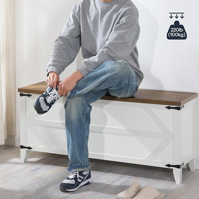 HOOBRO 47.2" Toy Box, Storage Bench with Safety Hinges, Toy Chest Storage, Wooden Storage Chest for Bedroom, Living Room, White and Walnut WH16CW01