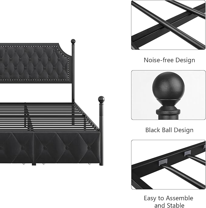 Keyluv Full Upholstered Canopy Bed Frame with 2 Storage Drawers & Button Tufted Headboard, Metal Platform Bed with 4 Removable Posts, Two-Purpose Velvet Bed, Dark Grey/Curtain Not Included