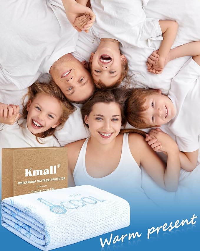 Kmall Cooling Queen Size Mattress Protector - 100% Waterproof & Breathable Cool 3D Air Fabric Bed Mattress Cover, Ultra Soft Noiseless Mattress Pad for 8"-21" Deep Pocket, Machine Washable (White)