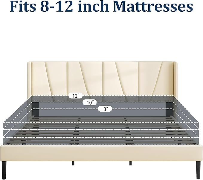 Sismplly King Bed Frame with Headboard, Velvet Upholstered King Size Platform Bed with Wingback, Mattress Foundation with Wooden Slat Support, No Box Spring Needed, Easy Assembly, Noise Free, Beige