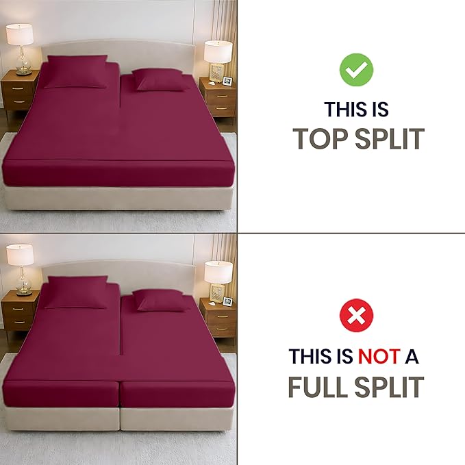 SGI bedding 36" King Split Top Flex Head Sheet 100% Egyptian Cotton Sheet Set 1000 Thread Count Flex Top Sheet for Adjustable Bed 4Pc Sheet Set 15" Deep Pocket for Sleep Number Bed - Burgundy