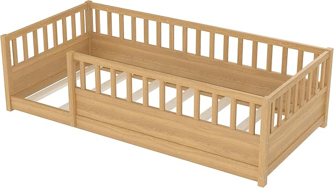 Bellemave Twin Size Floor Bed with High Fence, Wood Montessori Bed with Slats and Guardrails, Montessori Floor Beds Frame for Kids, Girls, Boys, Natural