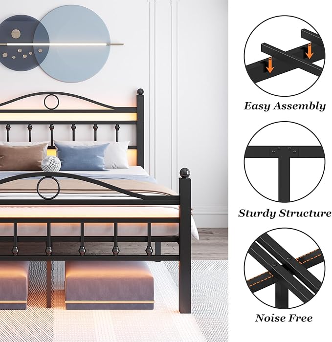 Jenmit Queen Size Bed Frame with Headboard, Metal Platform Bed Frame with Charging Station & LED Lights, Storage Space Under Bed, No Box Spring Needed, Noise Free, Easy Assembly, Black