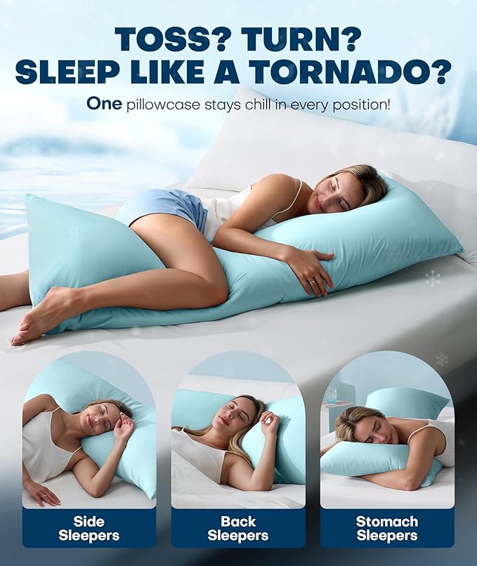 Ice Cooling Body Pillowcase for Hot Sleepers, Stay Cool All Night, Silky Touch Long Body Pillow Cases with Invisible Zipper, Soft Breathable Body Pillow Cover, Gift for Men Women - 20"x54", Mint Blue