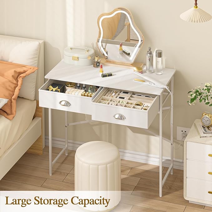 ThreeHio Small Vanity Desk No Mirror for Kids Bedroom, 31.5 Inch Vanity Table with Drawers, Makeup Vanity Desk for Narrow Spaces, White Dreessing Table(No Mirror)