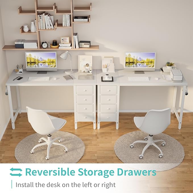 Lufeiya White Computer Desk with Drawers, 47 Inch Reversible Study Work Writing Desk for Home Office Bedroom, Simple Modern Cute PC Desks with Fabric Drawer, White