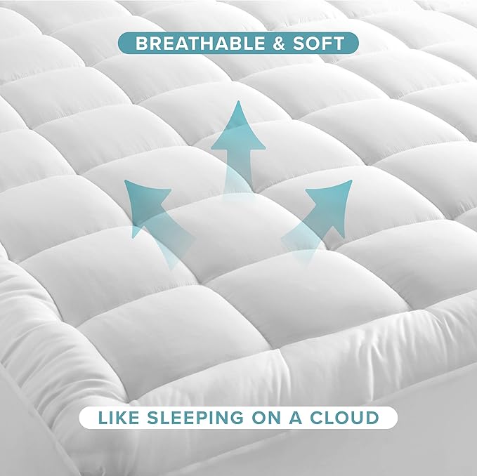 Bare Home Queen Mattress Topper Cotton Top - Plush Topper for Mattress - Fitted Mattress Cover - Cooling Breathable Air Flow - 8" to 21" Deep Pocket - Soft Mattress Pad (Queen, White)