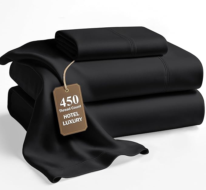 LANE LINEN Twin XL Sheet Set - 450 Thread Count Premium Sateen Weave for Silky Feel On Skin - Cooling Sheets for Deep Sleep - Securely Fits Mattresses Upto 15'' Deep - Oeko Tex Certified - Black