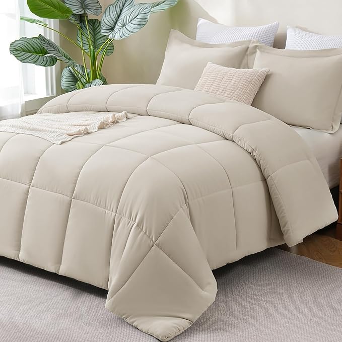 CozyLux Full Size Comforter Sets - 270GSM Beige Bedding Sets for All Seasons, 3 Pieces Box Stitched Bed Set with 1 Down Alternative Comforter and 2 Pillow Shams, Soft, Lightweight, Breathable