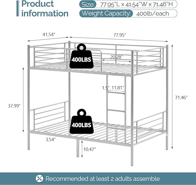 Bonnlo Metal Bunk Bed Twin Over Twin Bed Frames for Kids Bunk Beds with Flat Ladder Rungs, Heavy Duty Bunk Beds for Kids/Teens/Adults, Double Twin Bed with Metal Slats and Heighten Guardrails, Gray