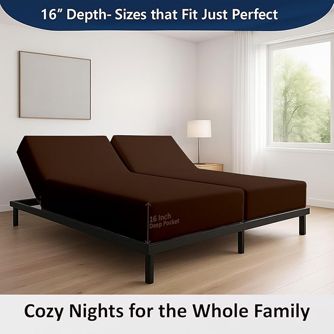 5 Piece Split Cal King Sheet Set, 100% Egyptian Cotton, 16 Inch Deep Pockets, Chocolate Solid, Soft Cooling Sheets for Adjustable Beds, Sleep Number Beds, Split Cal King Mattress Sheet Set