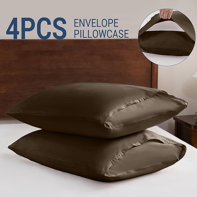 Pillowcases Queen 4 Pack, 20x30 Pillow Cases with Envelope Closure, Soft Plain Brushed Microfiber Covers Breathable Wrinkle-Resistant, Brown