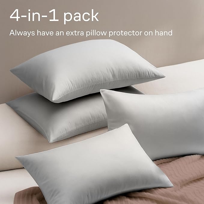 Ultra Soft Pillow Protectors with Zipper Queen Size - Set of 4 Breathable Pillow Covers - 100% Protection Against Stains, Dust & Dirt - Machine Washable (Light Gray)