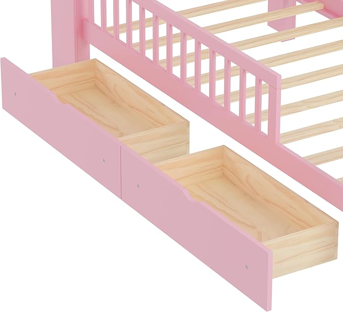 Bellemave Twin Bed Frames with Rails for Kids, Twin Bed Frame with Storage Drawers and Headboard Storage Rack for Kids，Pink