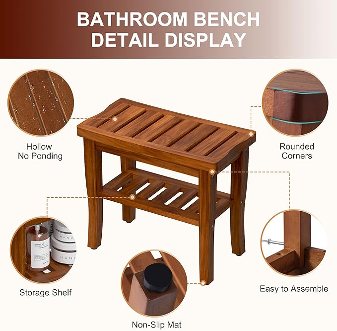 Teak Shower Bench Stool with Storage Shelf, Waterproof Shower Chair Spa Bath Seat, Shower Stool for Inside Shower, Bathroom Bench Seat for Adults Elderly Seniors for Indoor or Outdoor Use
