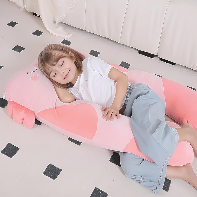 47x23 inch U Shaped Long Plush Body Pillows for Kids, Stuffed Animal Axolotl Soft Large Pillow for Sleeping, Big Cute Plushies, Washable Cover, Gift for Boys and Girls