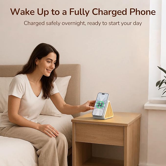 Housbay 2-in-1 White Noise Sound Machine & Magnetic Wireless Charger, Stereo Sleep Sounds, Clutter-Free Bedside Charging Station for iPhone - White Oak