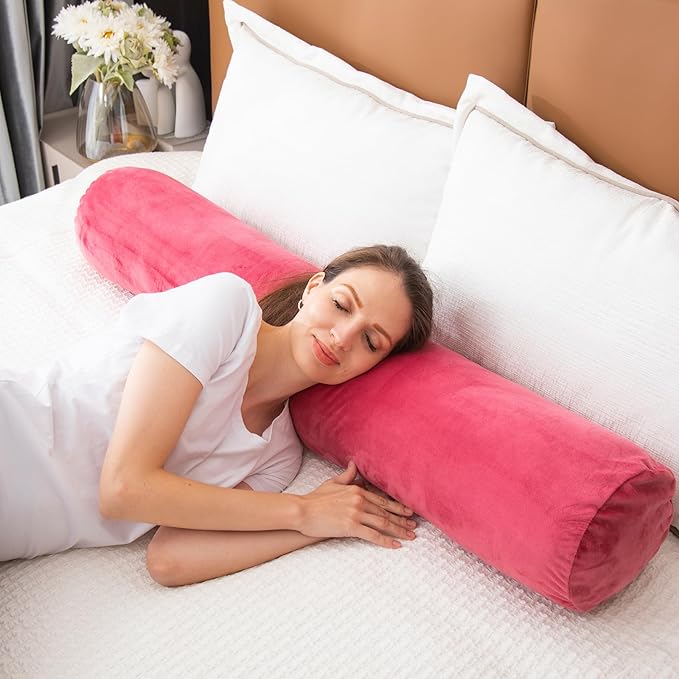 1 MIDDLE ONE Bolster Pillow for Bed, Long Round Body Pillow for Adults with Removable Velvet Cover, Decorative Tube Roll Cylinder Pillow, 47 x 7.87 Inch, Red