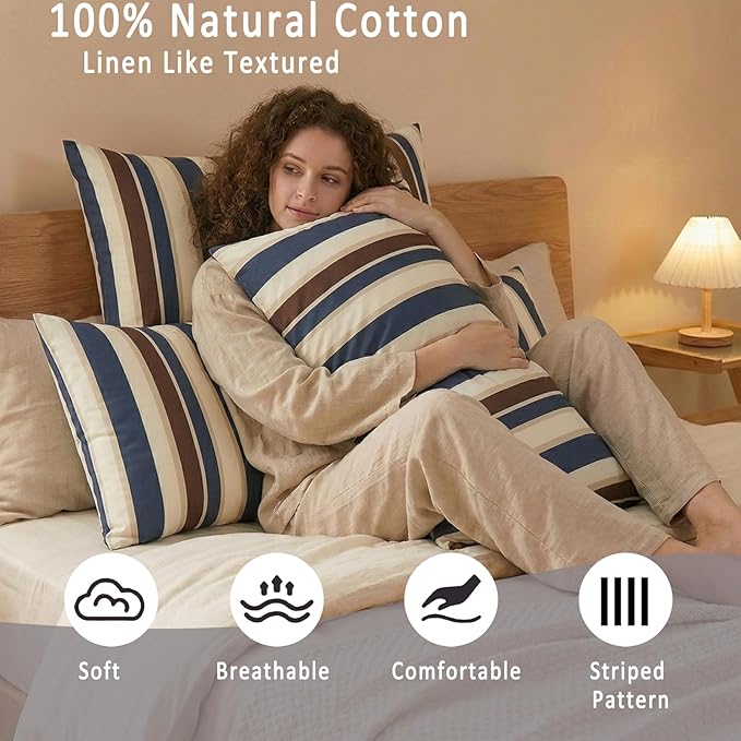 Merryword 100% Cotton Pillow Cases, Standard Size Pillowcases, Blue Striped Pillowcases, Luxury Linen Like Pillowcase, Soft Breathable Cabana Stripes Pillow Covers, Set of 2
