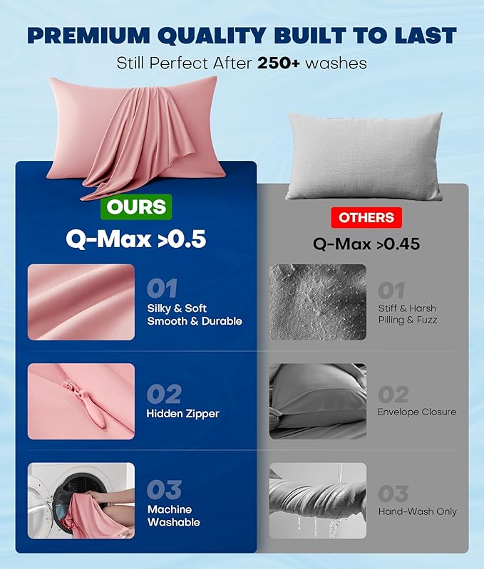 Ultra-Chill Cooling Pillowcase Set of 2 for Hot Sleepers, Softer Than Silk Pillow Cases for Protecting Hair & Skin, Breathable Bed Pillow Covers w/Zipper, Gifts for Women Men (Pink, Standard)