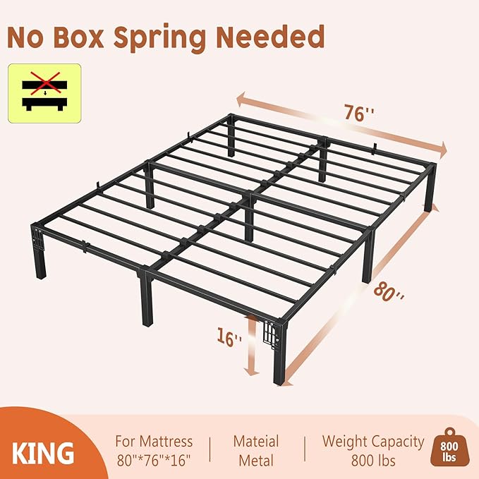 16 Inch King Metal Bed Frame, Heavy Duty Metal Platform Bed Frame with Reinforced Slats Support, 800 Lbs Load Capacity, Noise Free, No Box Spring Needed and Screws , Tool-Free Assembly Bed Frame