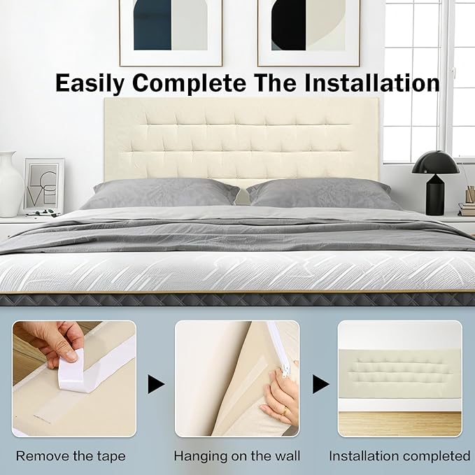 Upholstered Headboard Queen Size, 59" x 23" Easy No-Tools Wall Mounted Bed Headboards, Modern Linen Button Diamond Tufted Design, Beige