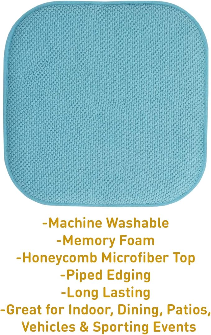 Sweet Home Collection Chair Cushion Memory Foam Pads Honeycomb Pattern Slip Non Skid Rubber Back Rounded Square 16" x 16" Seat Cover, 2 Pack, Teal
