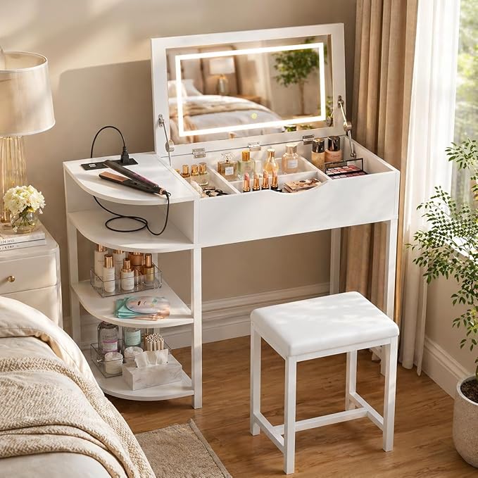 Cyclysio Vanity Desk with Flip Top Mirror and Lights, Makeup Vanity Desk with Drawers, Dressing Table with Storage Shelves & Charging Station, Small Vanity for Small Spaces, White