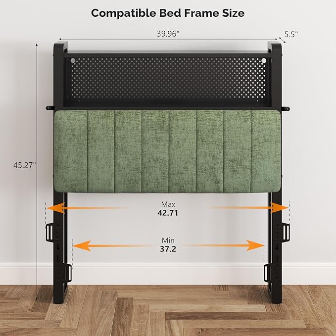 VINGLI Twin Size Dorm Headboard with Storage, Upholstered Head Board for Twin XL Bed, Charging Stations and LED Light, 2 Tier Shelves and Pegboard,Height Adjustable,Sage Green