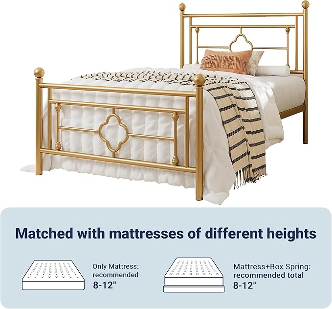 Allewie Twin Size Metal Platform Bed Frame with Victorian Vintage Headboard and Footboard/Mattress Foundation/Under Bed Storage/No Box Spring Needed/Noise-Free/Easy Assembly, Gold