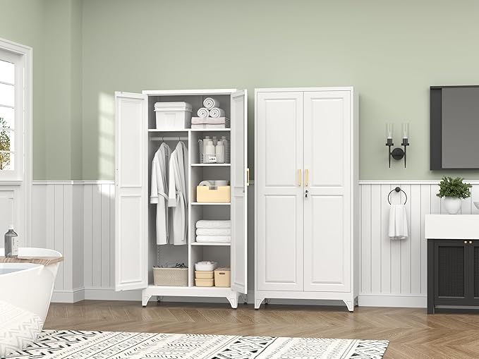 Polup Metal Armoire Wardrobe Closet with Doors, 71" Tall Wardrobe Cabinet with Lock, Hanging Rod and 3 Adjustable Shelves, Steel Clothing Storage Cabinet for Bedroom, Home Office, Employee, Gym, White