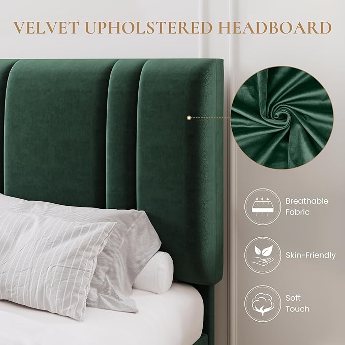 SHA CERLIN King Size Platform Bed Frame, Velvet Upholstered Bed with Adjustable Headboard, Vertical Channel Tufted Design, Sturdy Wood Slat Support, No Box Spring Needed, Easy Assembly, Green