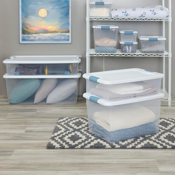 Sterilite 18-Pack Latching Box, Clear Plastic Under Bed Storage Bins with Lids, 32 Quart - Large Stackable Tote Organizer Containers for Closet, Bedroom, Bathroom, and Office Organization