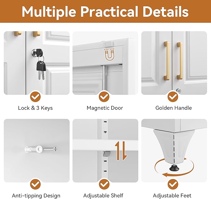 Polup Metal Armoire Wardrobe Closet with Doors, 71" Tall Wardrobe Cabinet with Lock, Hanging Rod and 3 Adjustable Shelves, Steel Clothing Storage Cabinet for Bedroom, Home Office, Employee, Gym, White