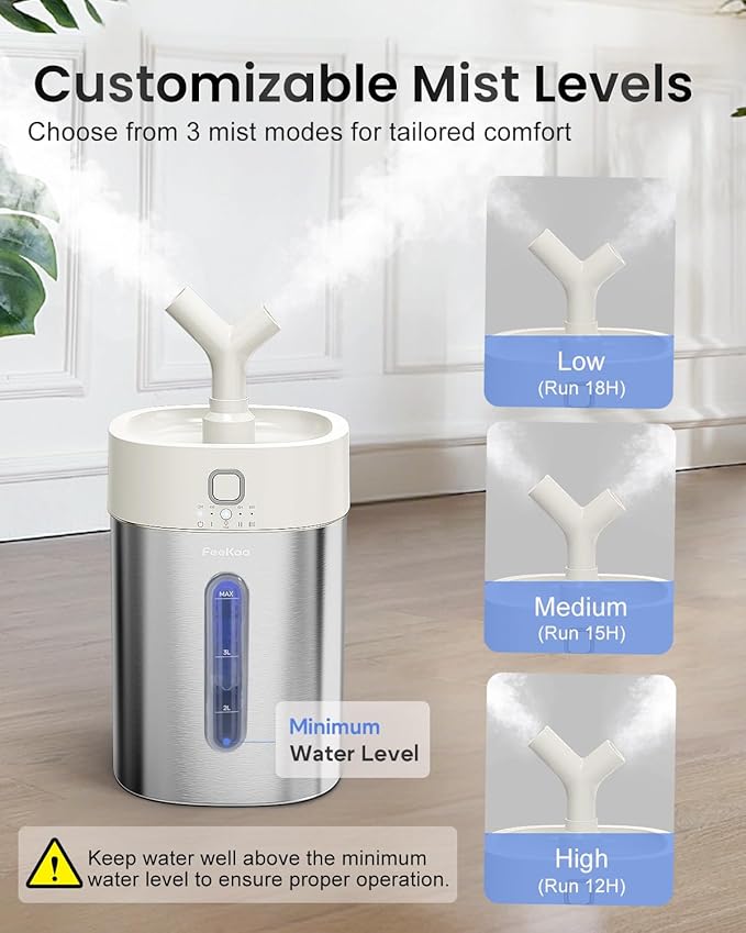Feekaa Stainless Steel Humidifier, 3.8L/1Gal Cool Mist Humidifiers for Bedroom up to 500 sq ft, Easy Clean Dishwasher Safe Humidifiers for Baby, Humidifier Large Room Nursery Living Room Office, White