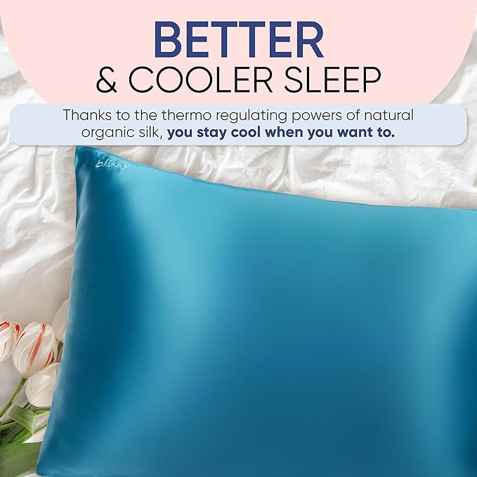 Blissy Silk Pillowcase - 100% Pure Mulberry Silk - 22 Momme 6A High-Grade Fibers - Silk Pillow Cover for Hair & Skin - Regular, Queen & King (Aqua, Queen)