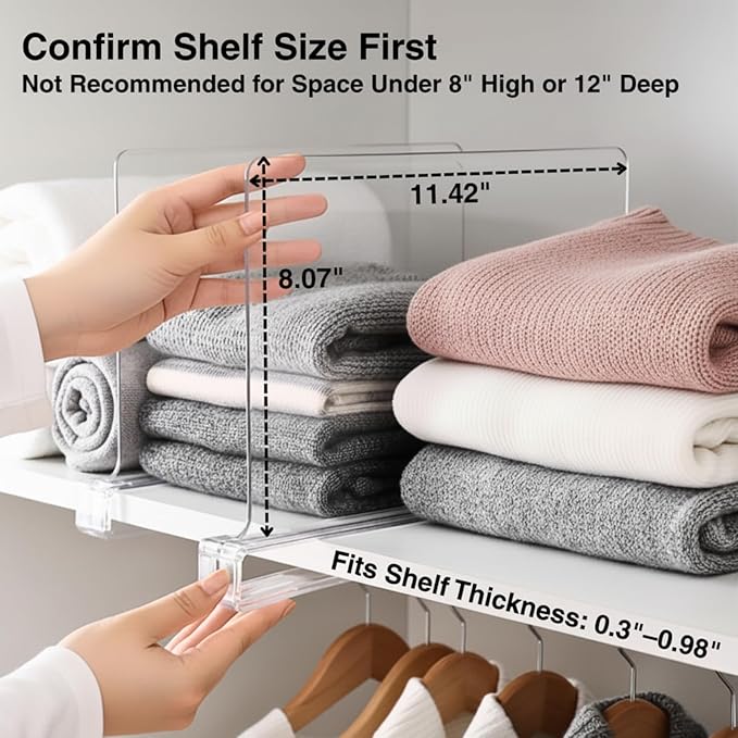 SortNStore Shelf Dividers Purse Organizer for Closet: 6-pack Acrylic Bag Storage Organizer for Handbags, Clutches, Clothes, Sweater, Towel on Wood Shelves