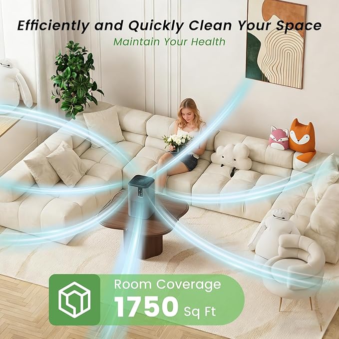 Air Purifiers for Home Large Room Up to 1750ft²,H13 HEPA Air Purifiers with Sleep Mode,Air Cleaner with Aromatherapy for Office,Living Room,Bedroom,Remove Smoke Odor,Home Pets,Grey Black