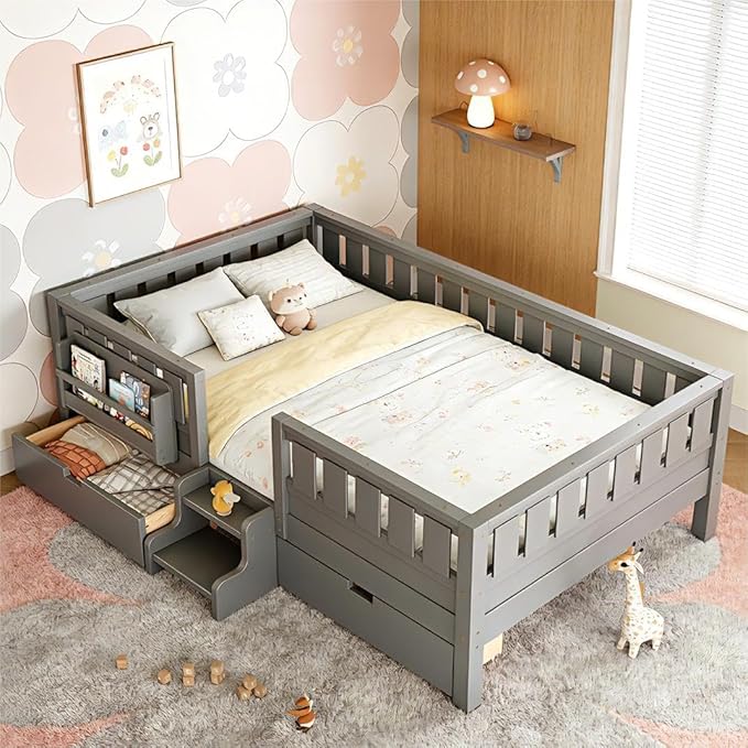 Bellemave Queen Bed with Storage Drawers & Bookshelf, Low Profile Kids Bed Frame with Staircase & Full Length Guardrails, Solid Wood Queen Bed for Kids with Slats Load 550LBS, Easy Assembly, Grey