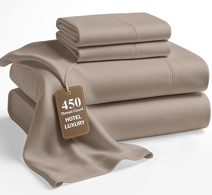 LANE LINEN 100% Cotton Full Size Sheet Sets - 450TC Sateen Weave - Hotel Luxury Bedding, Soft Feel & Comfortable for Everyday Sleep - Snugly Fits Matresses Upto 15'' Deep - Oeko TEX Certified - Taupe