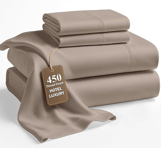 LANE LINEN 100% Cotton Full Size Sheet Sets - 450TC Sateen Weave - Hotel Luxury Bedding, Soft Feel & Comfortable for Everyday Sleep - Snugly Fits Matresses Upto 15'' Deep - Oeko TEX Certified - Taupe